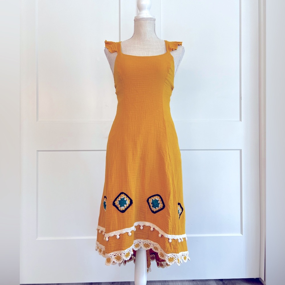 Anthropology Endless Rose Boho Yellow Dress with Embroidered Crochet Accents